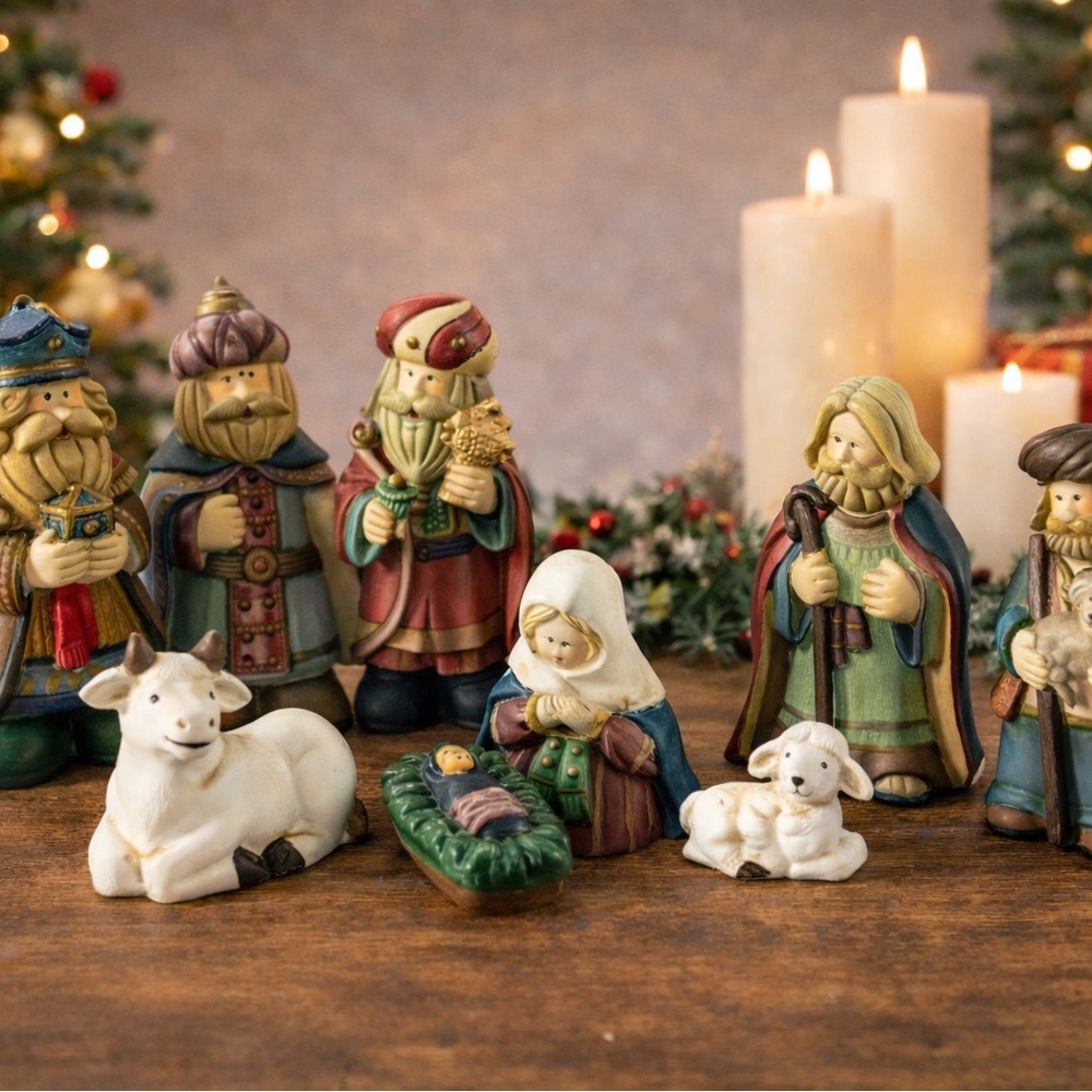 Vintage 1995 Nativity Set 9 Pc Ceramic Porcelain w Box Fabri-Centers